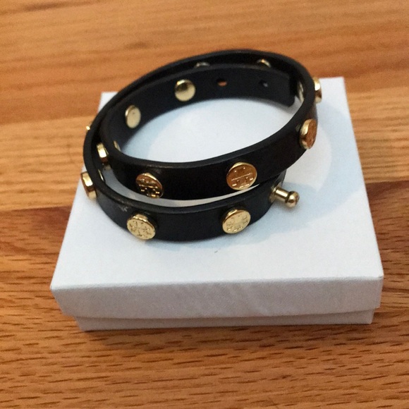 Tory Burch Double Wrap Logo Bracelet Black Gold - Picture 1 of 6
